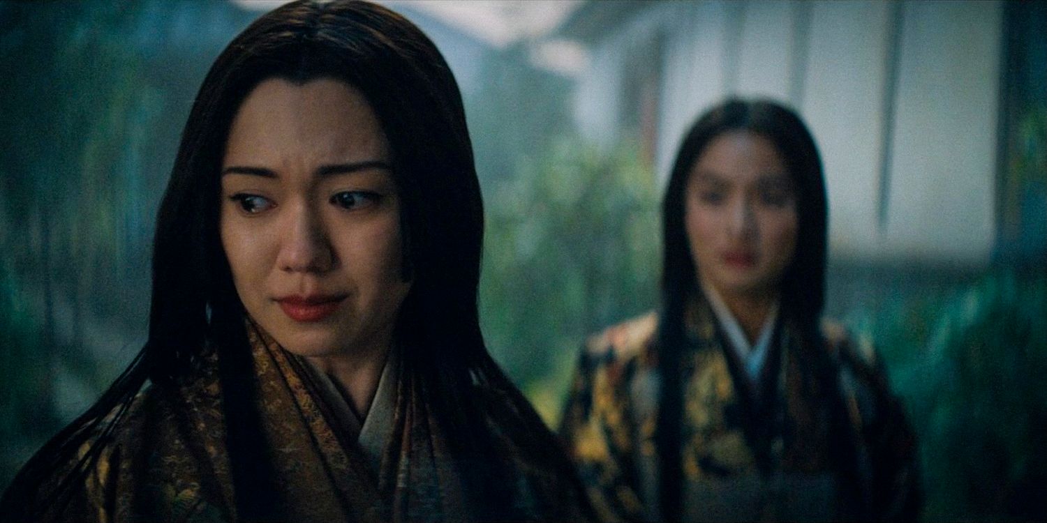 Lady Ochiba holding back tears, with Mariko watching her from behind in Shogun season 1 Ep 9 