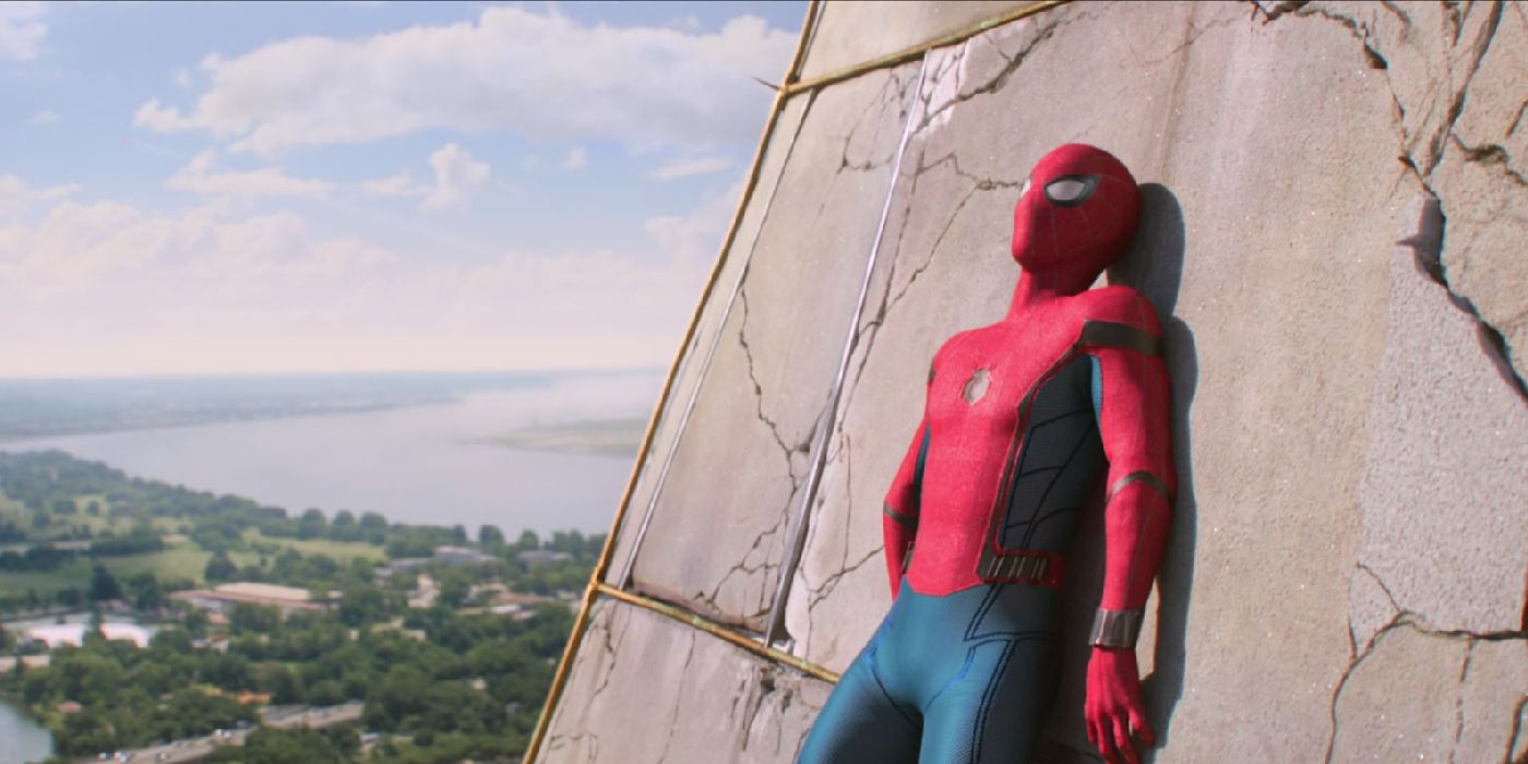 Spider-Man leans up against the Washington Monument in Spider-Man Homecoming