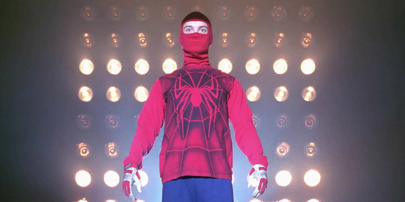 Spider-Man looking awkward in his Human Spider costume in Spider-Man