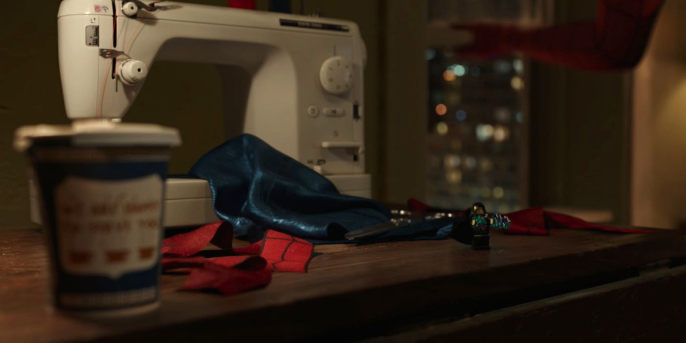 Spider-Man's final home-made suit in a sewing machine in No Way Home