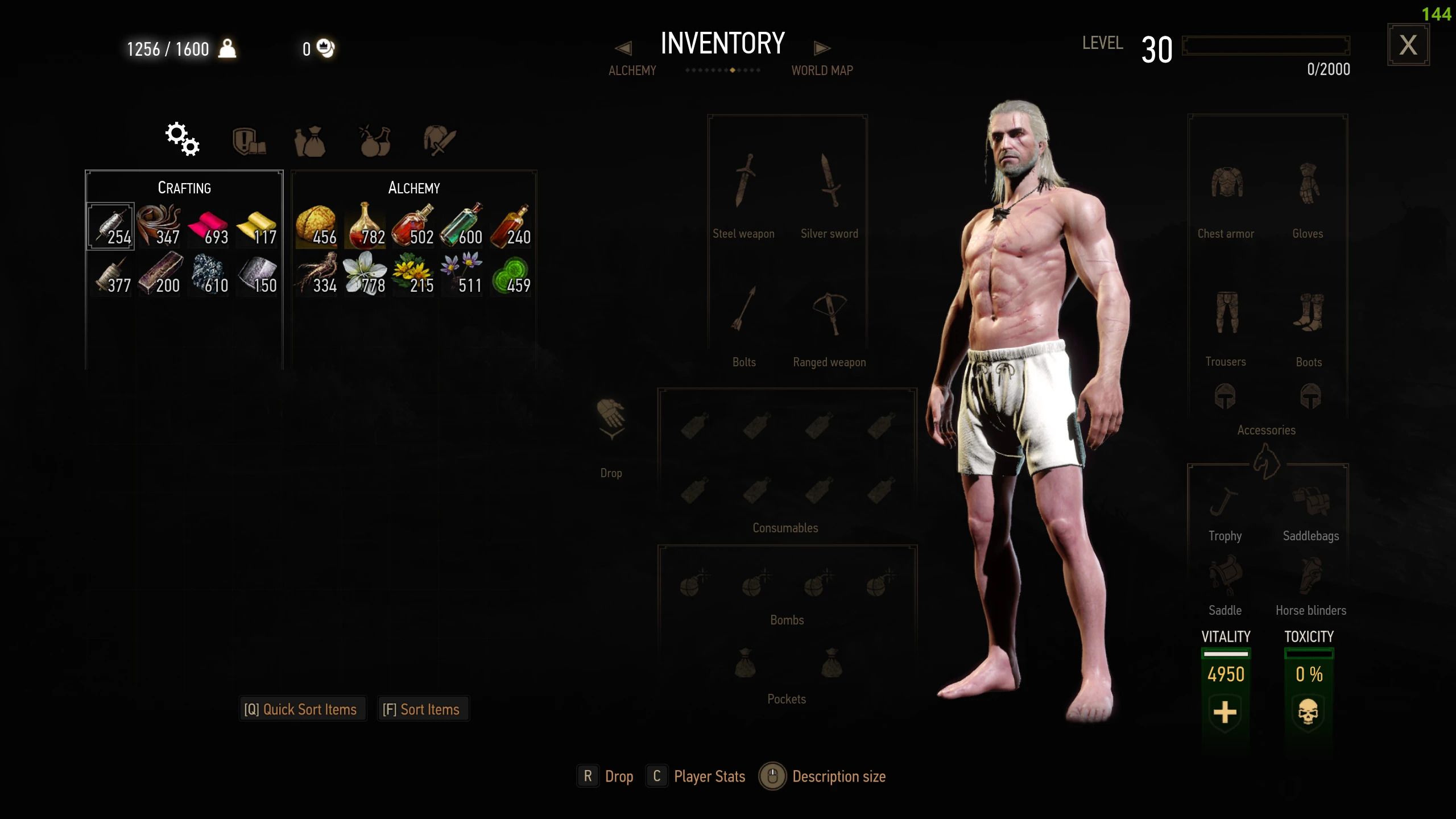 Um menu de itens em The Witcher 3, onde itens do mesmo tipo são empilhados.