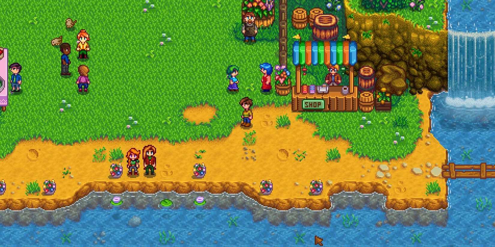 Various villagers attending Stardew Valley's Flower Dance festival, with Pierre's booth to one side.