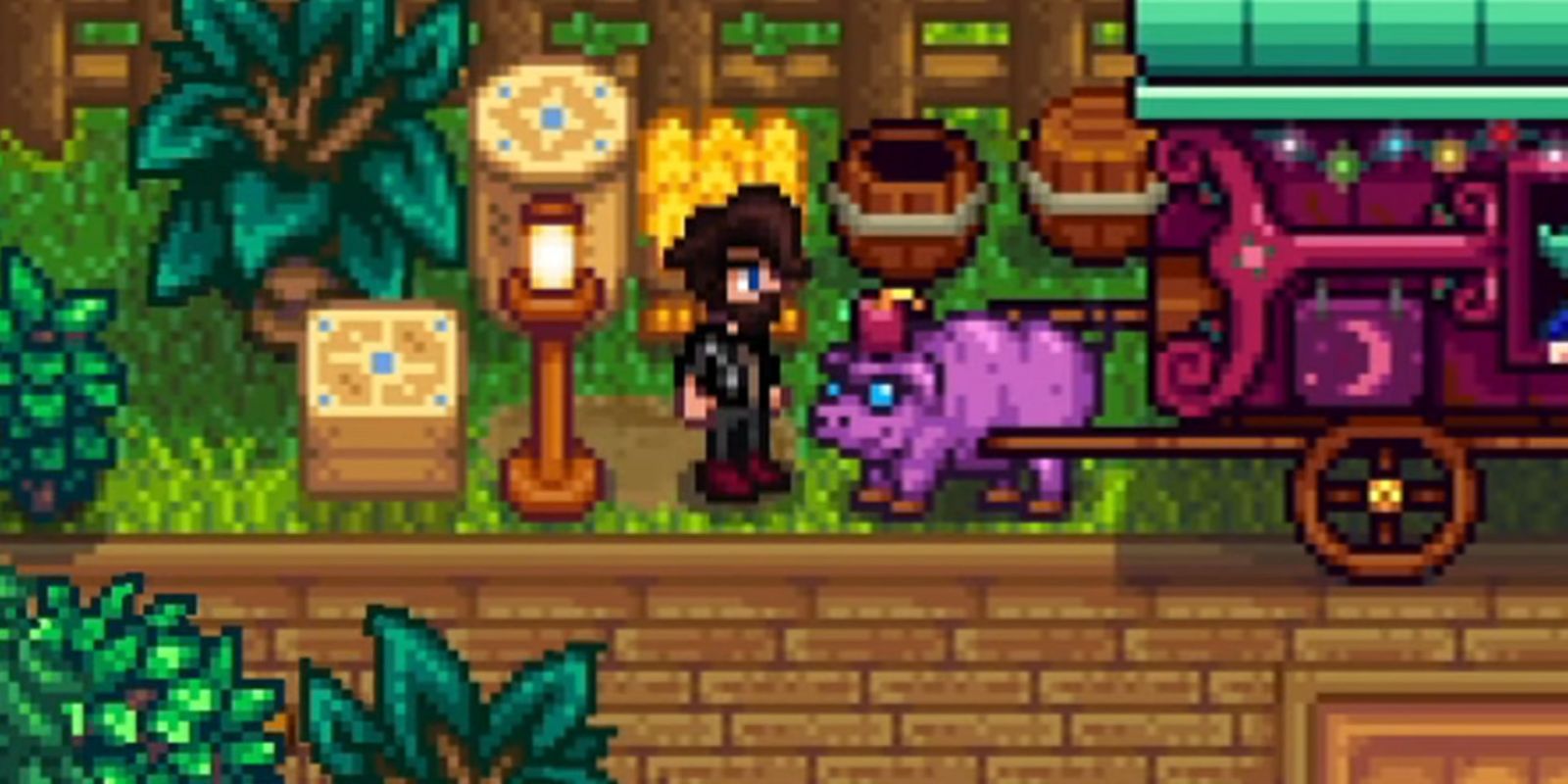 Stardew Valley Mystery Hat on the travel merchants pig in video by YouTube SharkyGames