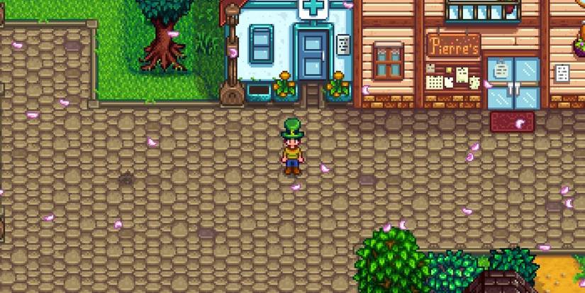 Um fazendeiro vestindo o chapéu de duende na cidade de Stardew Valley, Pelican, nos arredores da clínica de Harvey e da loja geral de Pierre.