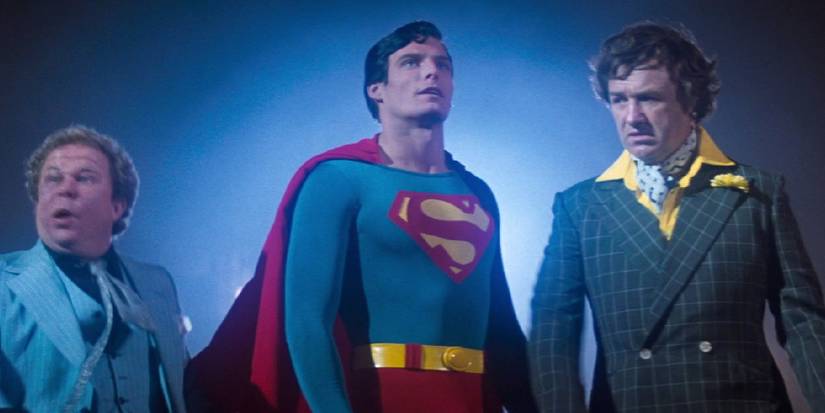 Ned Beatty and Christopher Reeve with Gene Hackman as Lex Luthor stood together in Superman (1978)