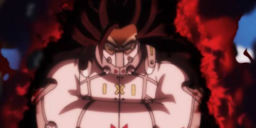 Super Dragon Ball Heroes' Cumber in a straight jacket with whited out eyes and an evil aura.