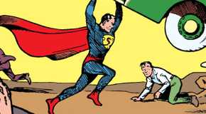 Superman catches a crashing car on the cover of Action Comics 1