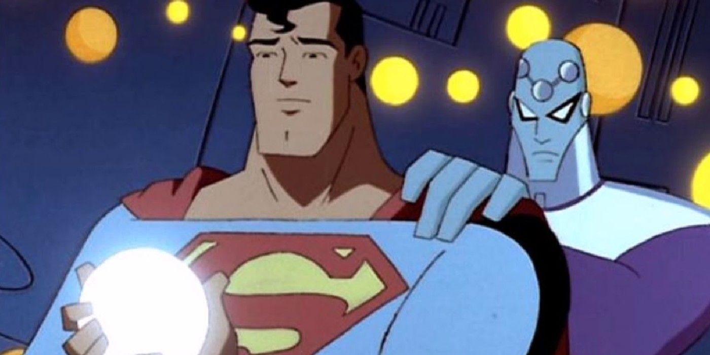 Brainiac with his hands on superman's shoulder in superman the animated series