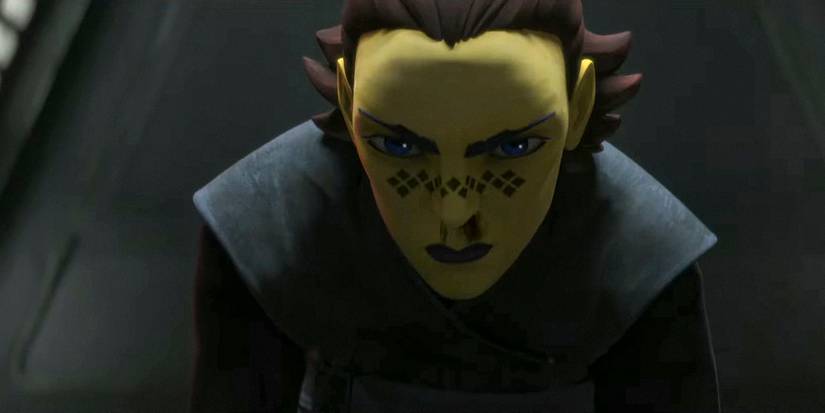 Close up of Barriss Offee looking pensive in Tales of the Empire with blood on her face