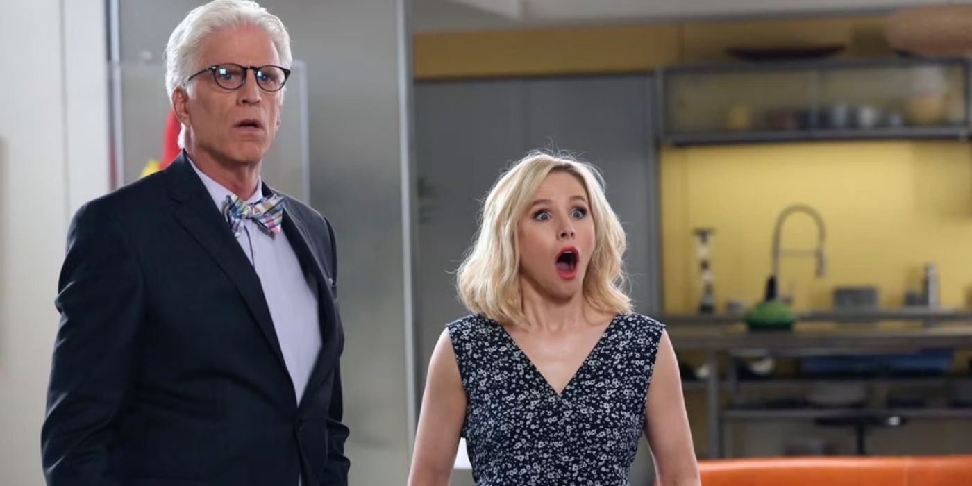 Kristen Bell as Eleanor looking shocked and standing next to Ted Danson as Michael in The Good Place season 1 finale