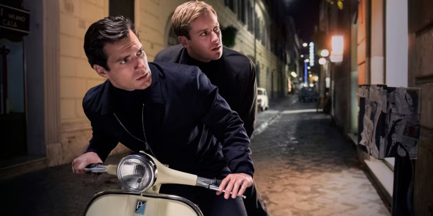 Napoleon (Henry Cavill) and Illya (Armie Hammer) on a Vespa in The Man from U.N.C.L.E.