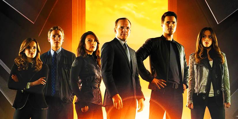 The original Agents of SHIELD team assembled in a line in front of a bright light