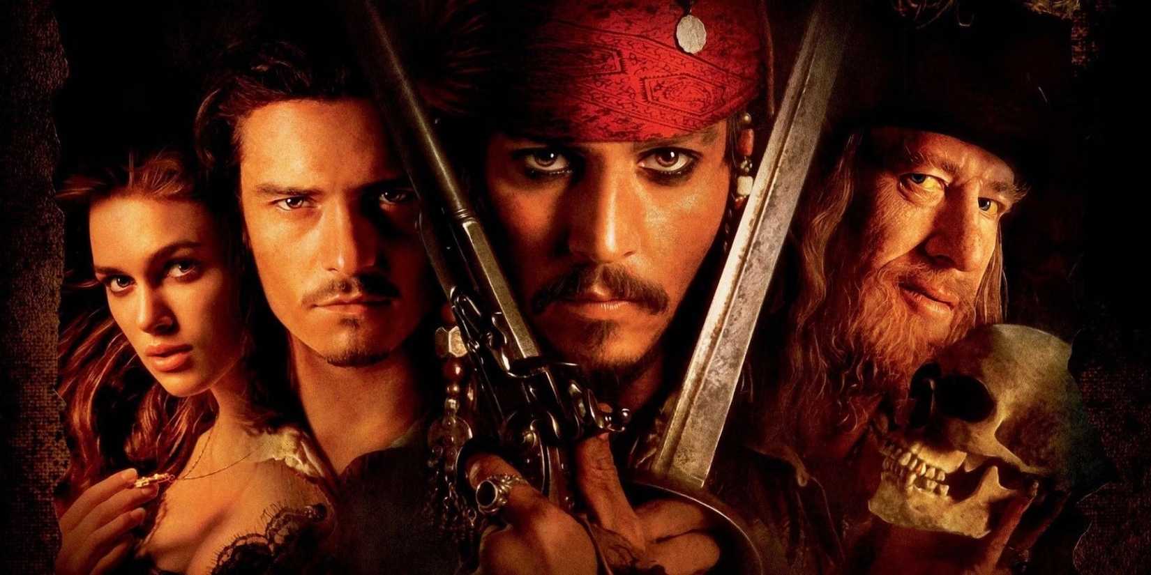 Jack Sparrow, Will, Barbosa, and Elizabeth on the poster for Pirates of the Caribbean: The Curse of the Black Pearl.