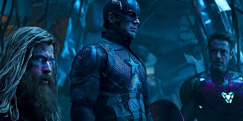 Thor, Captain America and Iron Man facing Thanos in Avengers Endgame
