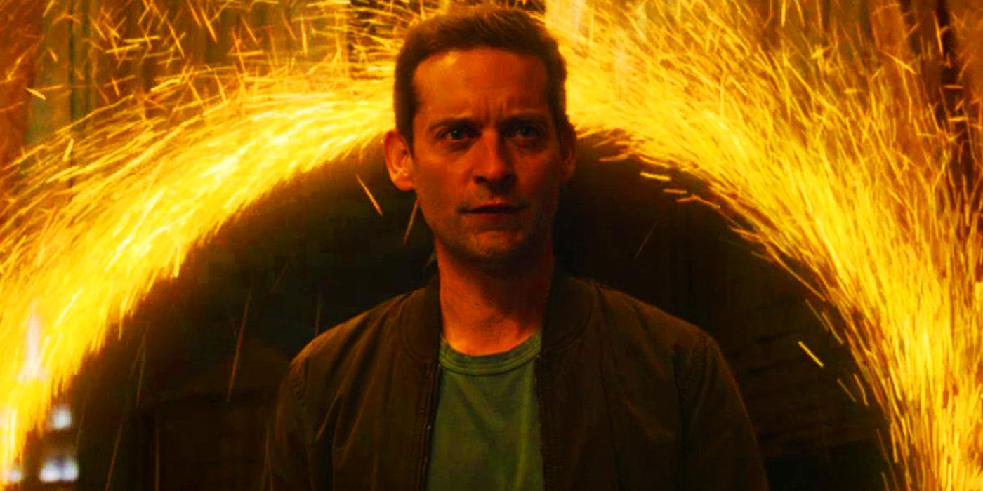 Tobey Maguire's Peter Parker coming through a portal in Spider-Man No Way Home