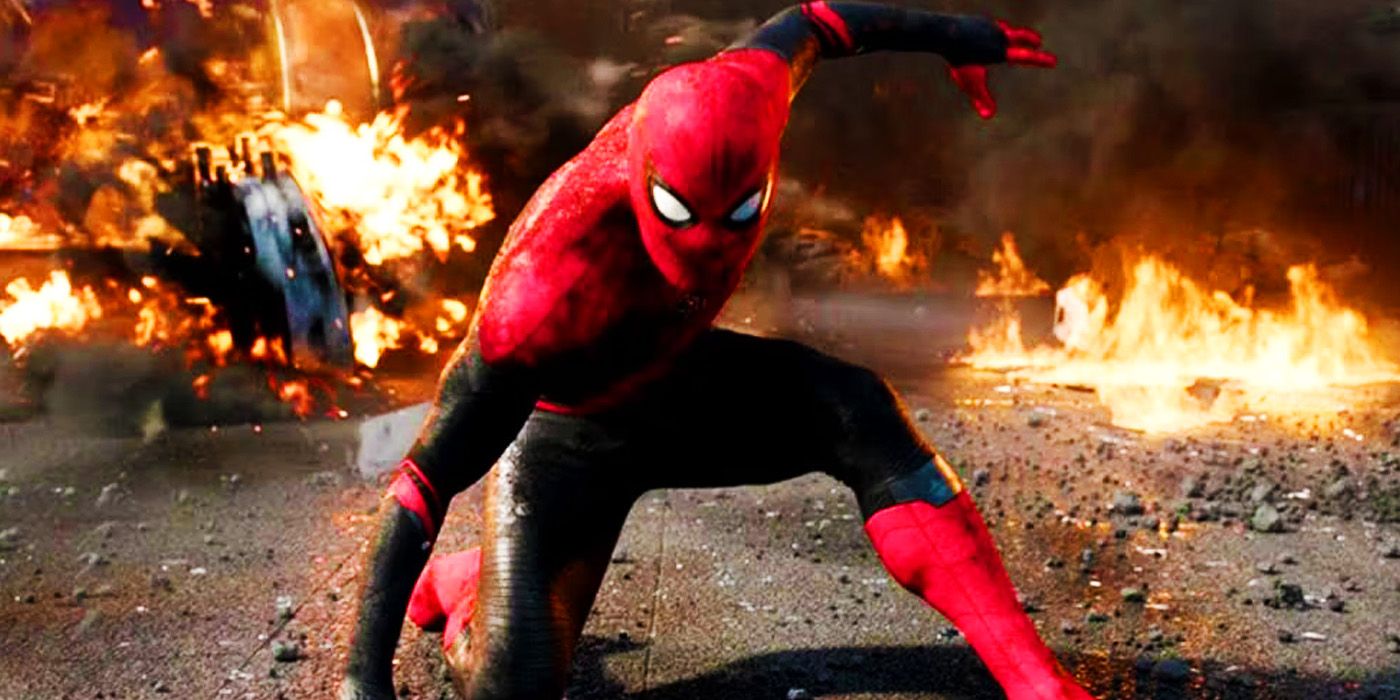 Tom Holland's Spider-Man during a fiery battle in Spider-Man Far From Home