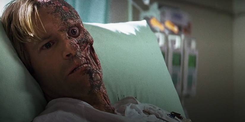 Two-Face in a hospital bed in The Dark Knight