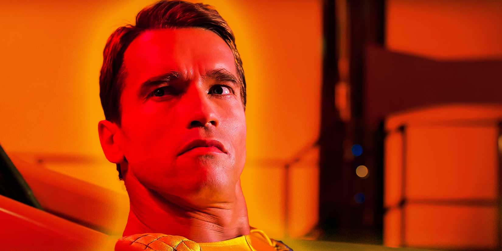 Арнольд Шварценеггер в роли Бена Ричардса, смотрит в камеру в фильме «The Running Man».