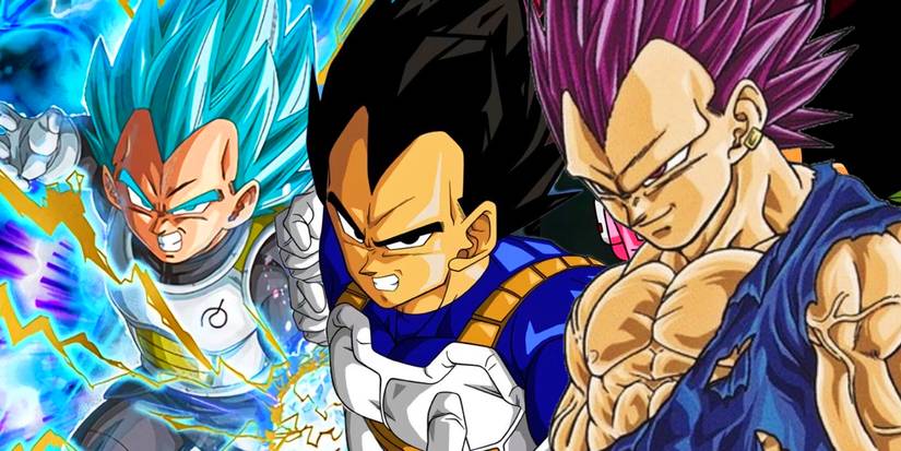 Vegeta in base form, blue, and Ultra Ego
