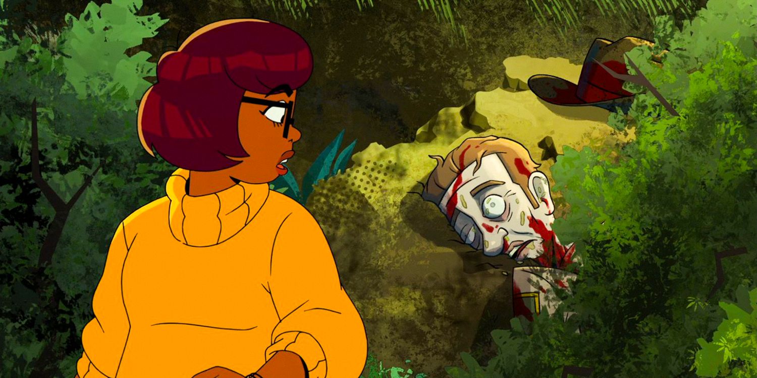 Velma discovers Sheriff Cogburn's body among the bushesin Velma season 2 ep 1