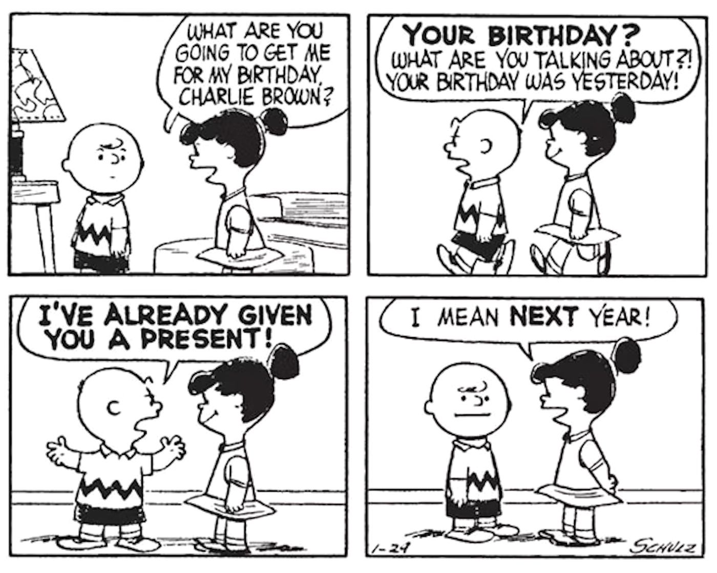 Violet from Peanuts asking Charlie Brown for a birthday present