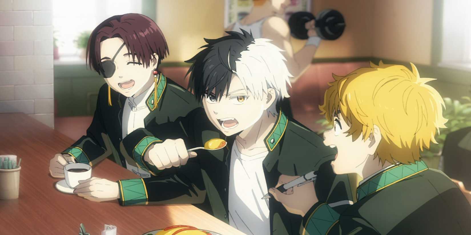 Скриншот открывающей темы "Wind Breaker" с Харукой и его друзьями, которые едят в кафе.