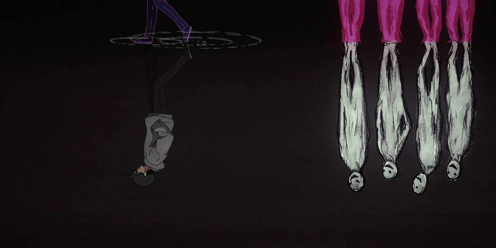 Скриншот анимации открывающей темы «Wind Breaker», изображающий прошлое Харуки, где четыре фигуры смотрят ему вслед, когда он уходит.