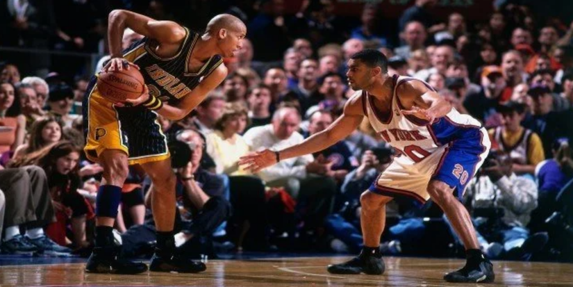 Reggie Miller jogando contra o New York Knicks em Winning Time
