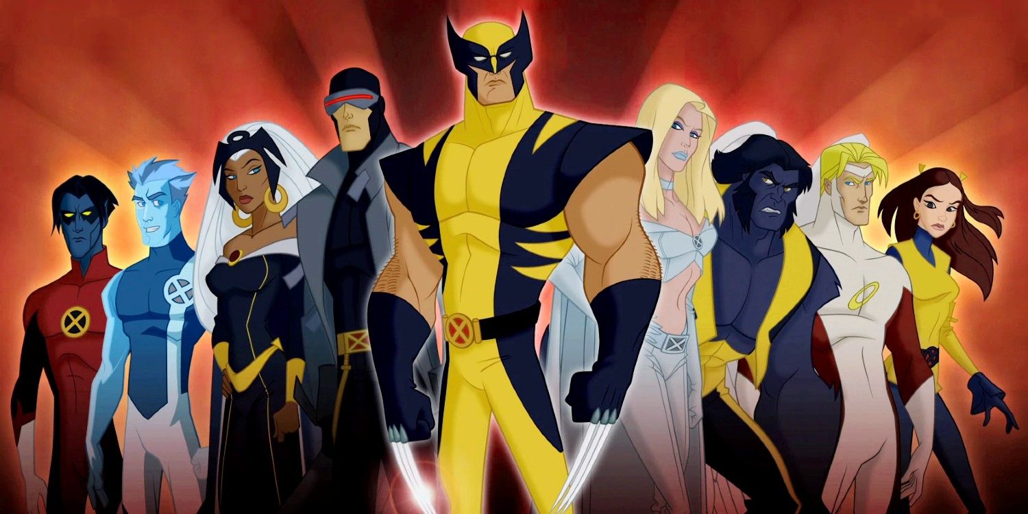 Logo de Wolverine e os X-Men com Noturno, Homem de Gelo, Tempestade, Ciclope, Wolverine, Emma Frost, Fera, Anjo e Kitty Pryde.