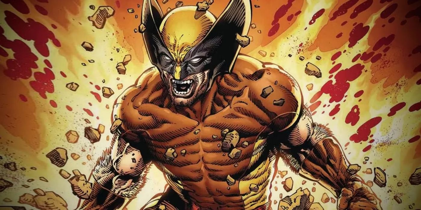 Wolverine roaring while rocks fly around him, against a backdrop of an explosion.