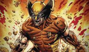 Wolverine roaring while rocks fly around him, against a backdrop of an explosion.