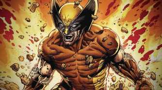 Wolverine roaring while rocks fly around him, against a backdrop of an explosion.