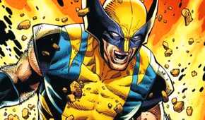 Wolverine in his classic yellow and blue costume, roaring as an explosion kicks up debris all around him.