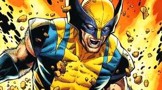 Wolverine in his classic yellow and blue costume, roaring as an explosion kicks up debris all around him.