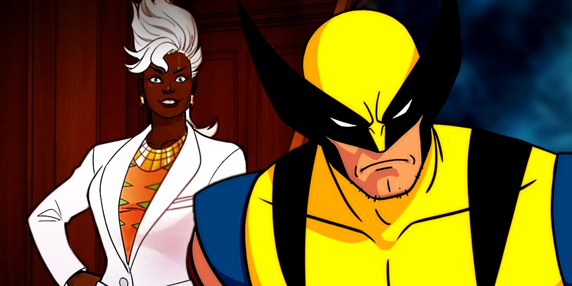 Wolverine parecendo feroz e tempestade exibindo seu corte de cabelo em X-Men 97
