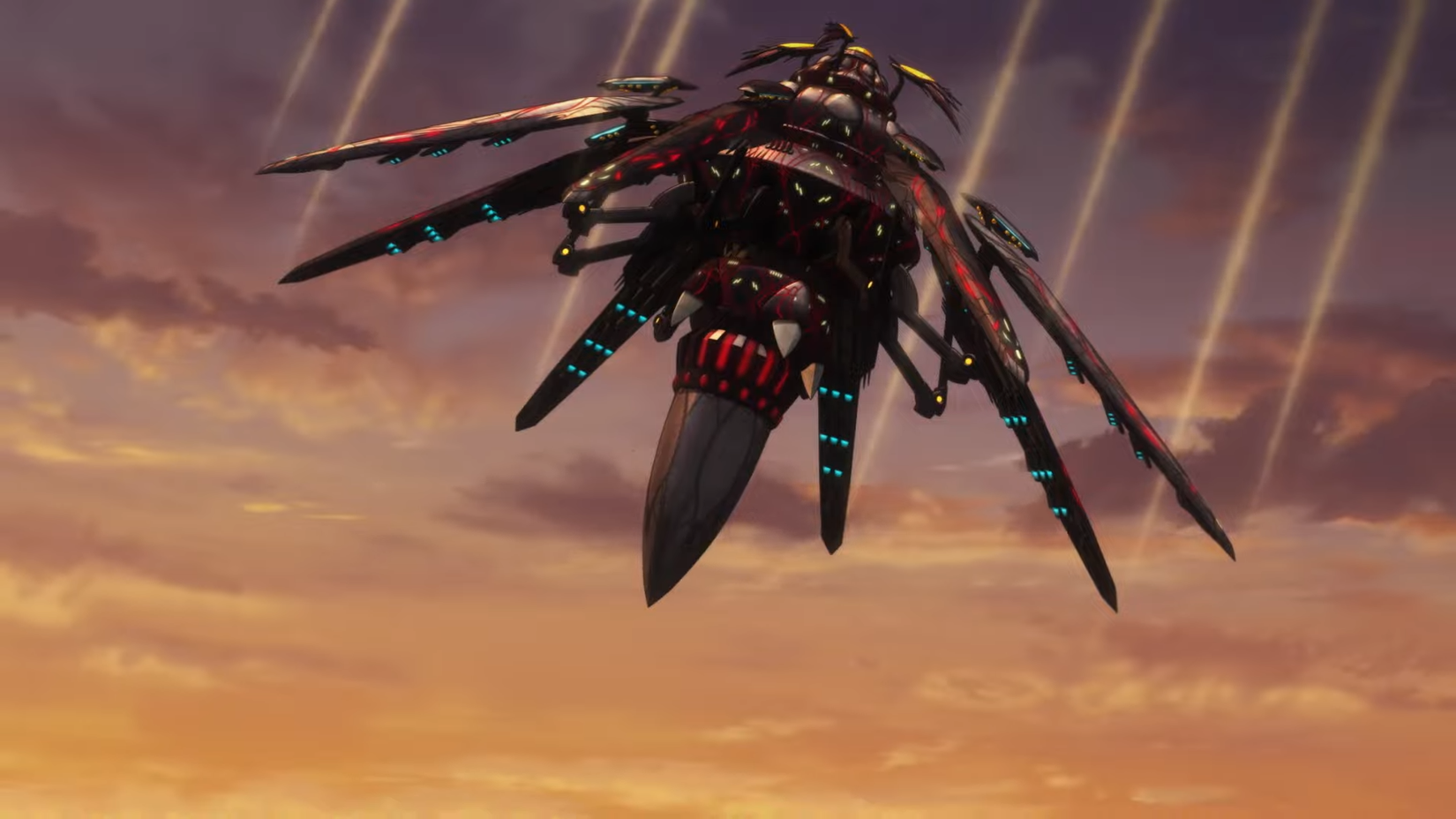 A giant, multi-limbed, flower shaped space ship descends from the sky at high speed, its outstretched limbs leaving vapor trails in the sunset sky.