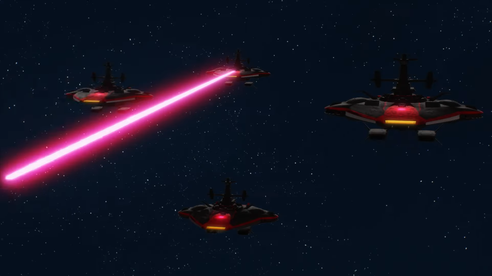Image taken from teaser trailer. Four red and black circular battleships fly in a vertical diamond formation, with the top and rearmost ship firing a pink laser beam at a target off screen.