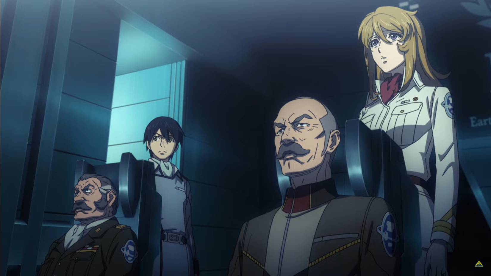 Image taken from Be Forever Yamato: Rebel 3199. Two older officers sit in crew seats while Yuki Mori and one other man stand behind them, as all four watch events unfold off screen.