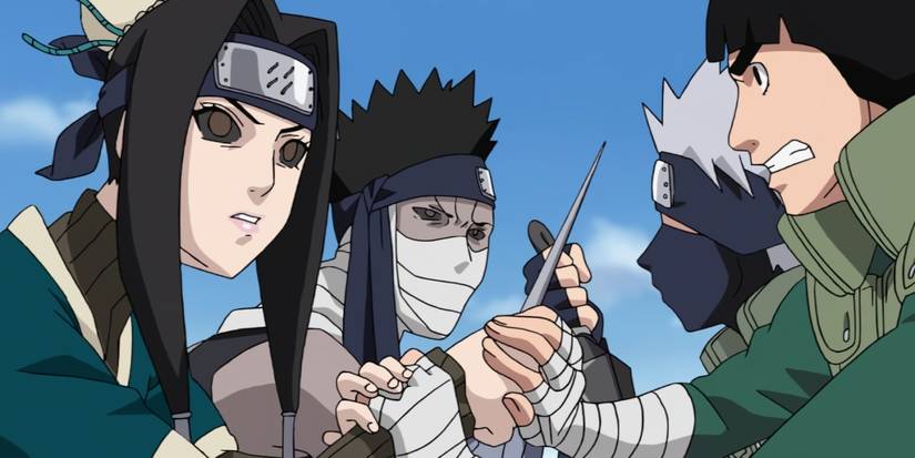 Zabuza and Haku, both under Kabuto's control, fighting Kakashi and Lee