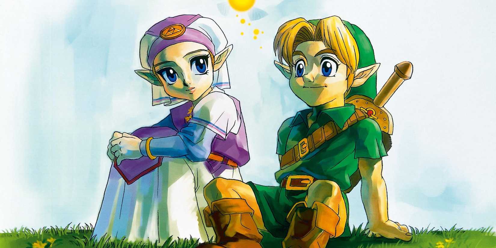 Artwork of child Link and Zelda sitting in the grass in Ocarina of Time.