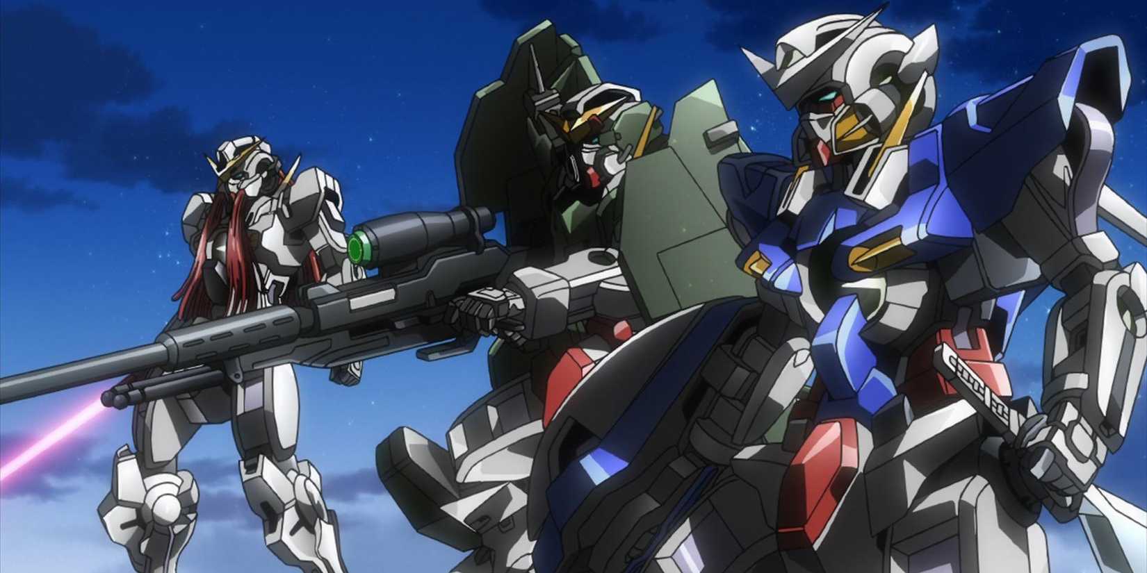 The Gundam Nadleeh, Gundam Dynames, and Gundam Exia hover in the air in a line