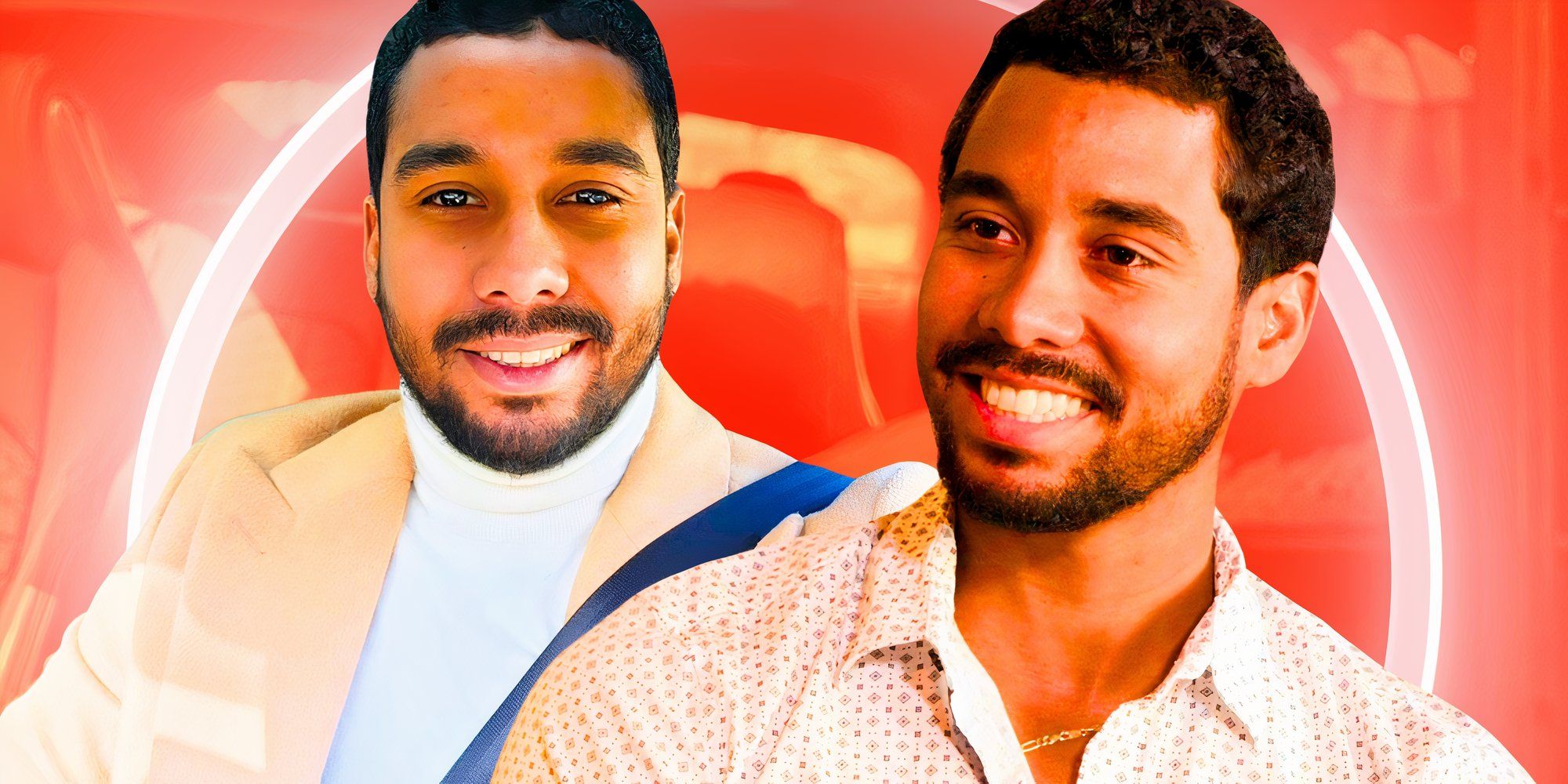 A montage of 90 Day Fiancé's Pedro Jimeno smiling with peach colored background