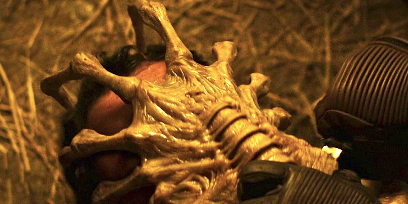 A facehugger on a man's face in Aliens Vs Predator: Requiem