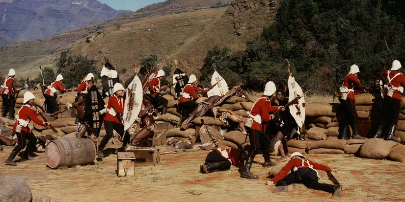 A line of British soldiers fighting Zulu soldiers in Zulu.