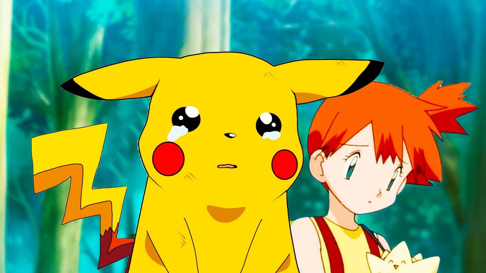 A Sad looking PickachA sad Pikachu with a tear coming down his eye and sad Misty from the Pokémon anime.u with a tear coming down his eye and sad Misty from Pokemon-1