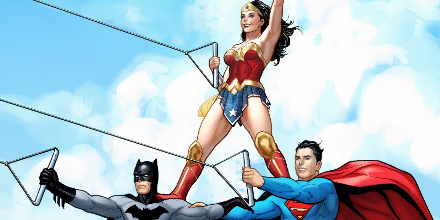 Action Comics #1068 variant cover, featuring Wonder Woman, Batman, & Superman all parasailing together.