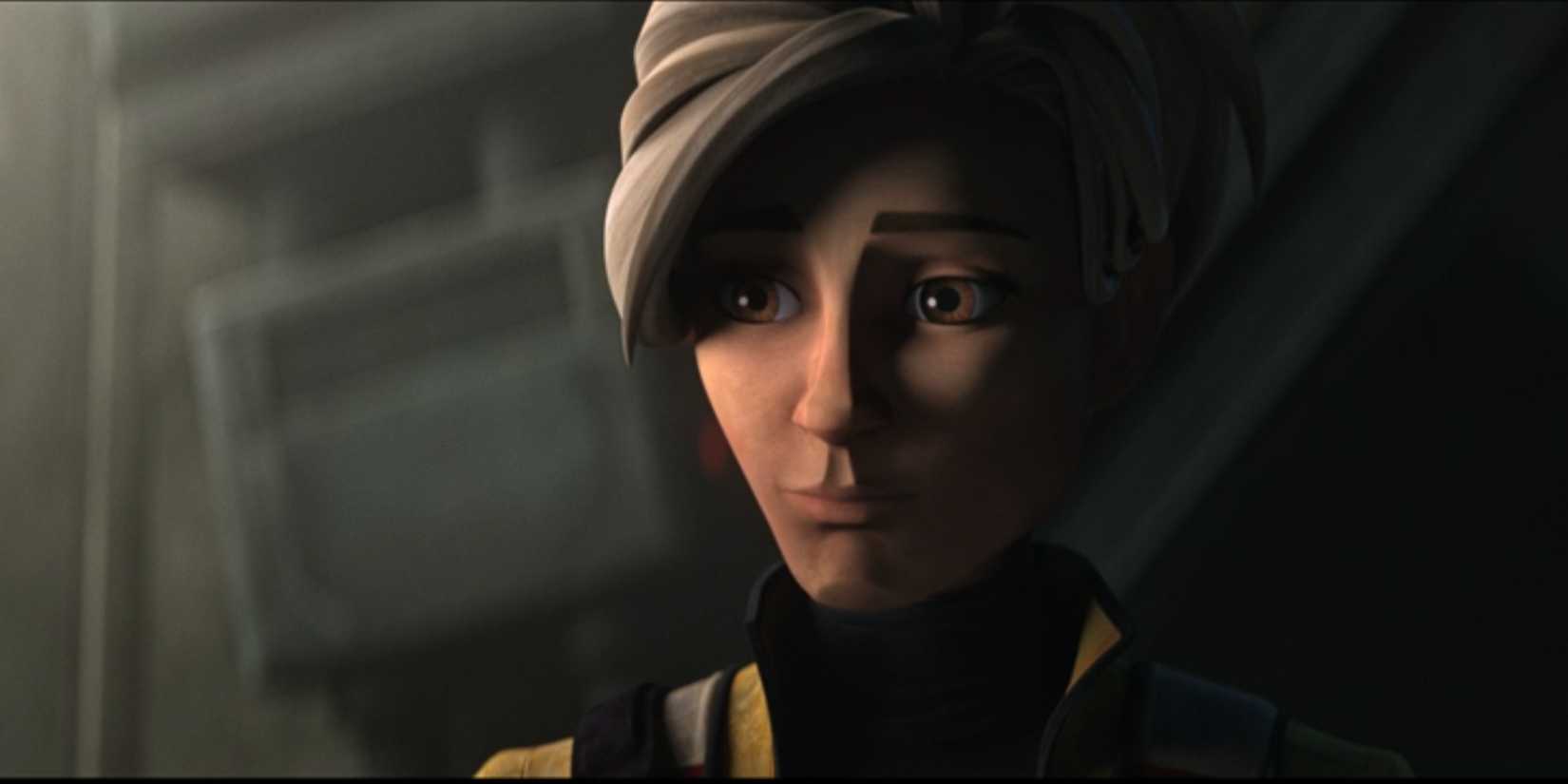 Adult Omega smiling slightly in the Star Wars: The Bad Batch season 3 finale before getting on her ship 