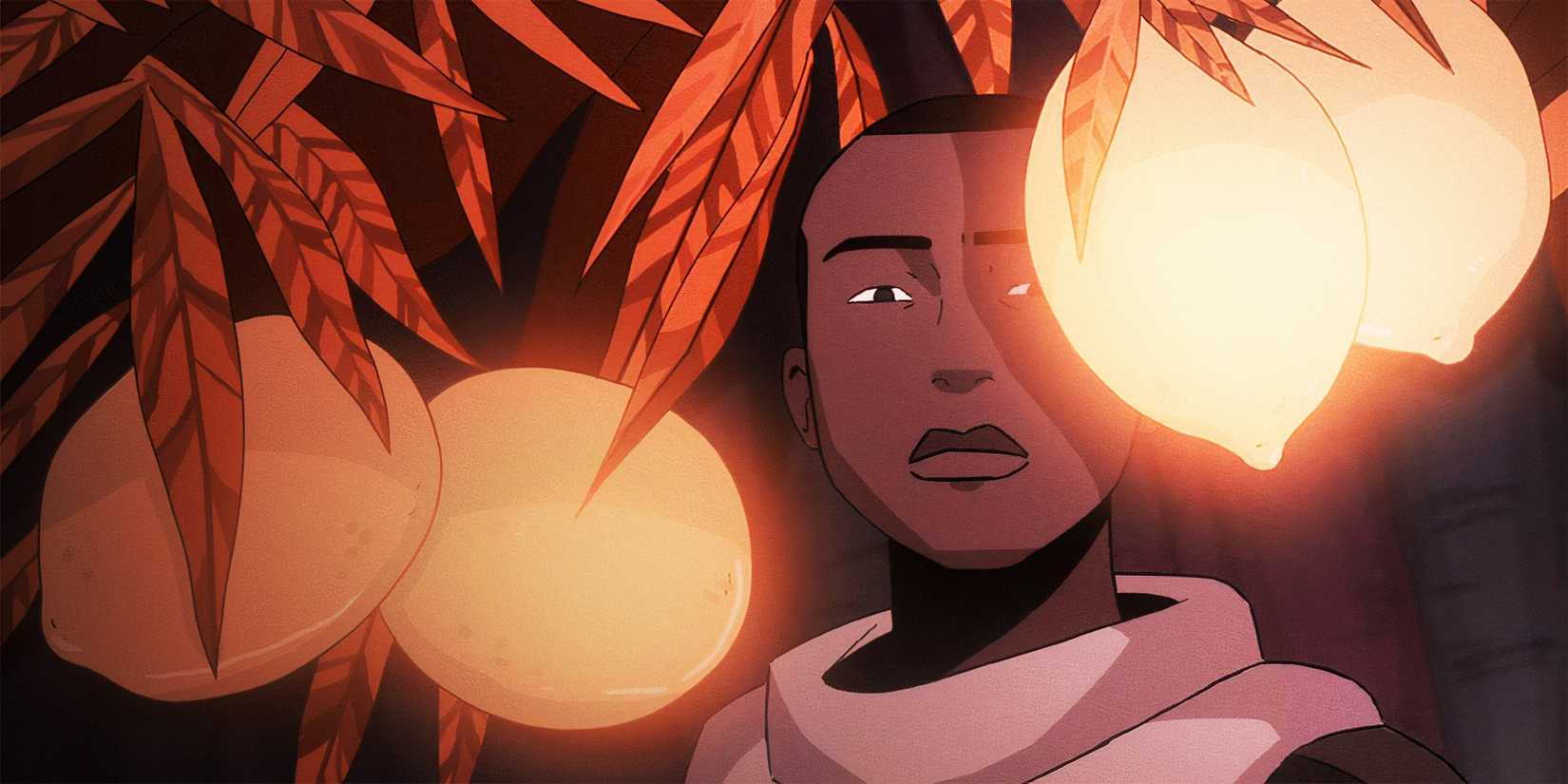 HBO Max Shows With 100% Rotten Tomatoes Score: Top Ranked List 3 Azi walking though a tree of glowing fruits in Scavengers Reign.