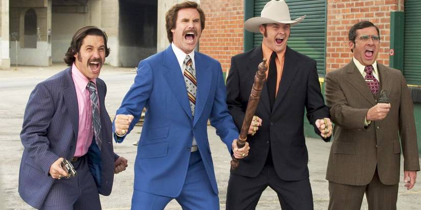 Will Ferrell, Paul Rudd, Steve Carell e David Koechner comemorando em O Âncora
