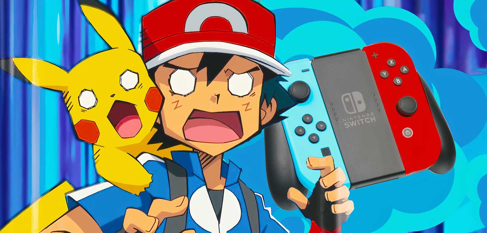 Ash von Pokémon sieht schockiert mit einer Nintendo Switch aus.
